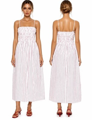 Pistola Bianca Shirred Bodice Dress Womens Large White Red Ruby Stripe Smocked