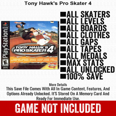 Tony Hawk s Pro Skater 4 100% Unlocked PlayStation Memory Card All Items PS1