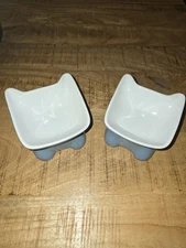 Whisker City Elevated Ceramic Cat Bowl Set Blue and White Set of 2