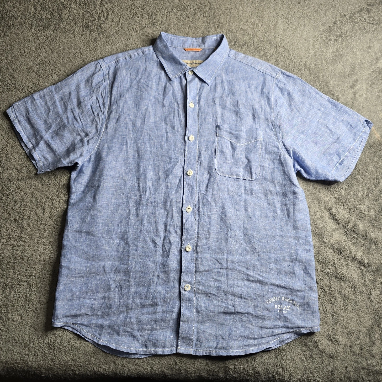 Tommy Bahama Linen Shirt Mens Large Blue Short Sleeve Button Up Tropical Resort