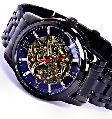 SKM Mechanische Herren Armband Automatik Uhr Schwarz blau Skelett mit Holz Truhe