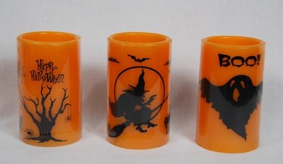 Vtg Set of 3 Flameless Flickering LED Halloween Themed Candles Witch Ghost Tree