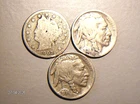 1907 LIBERTY V & 1924-D, 1936  Indian Head Buffalo Nickel, circulated  G8