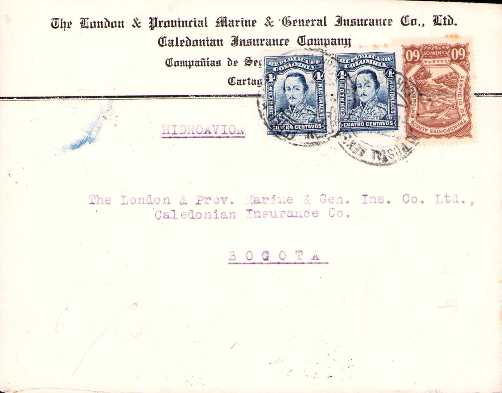 COLOMBIA - SCADTA - COVER - 60c W/ SECRET DOT - CARTAGENA to BOGOTA - 1926 RR