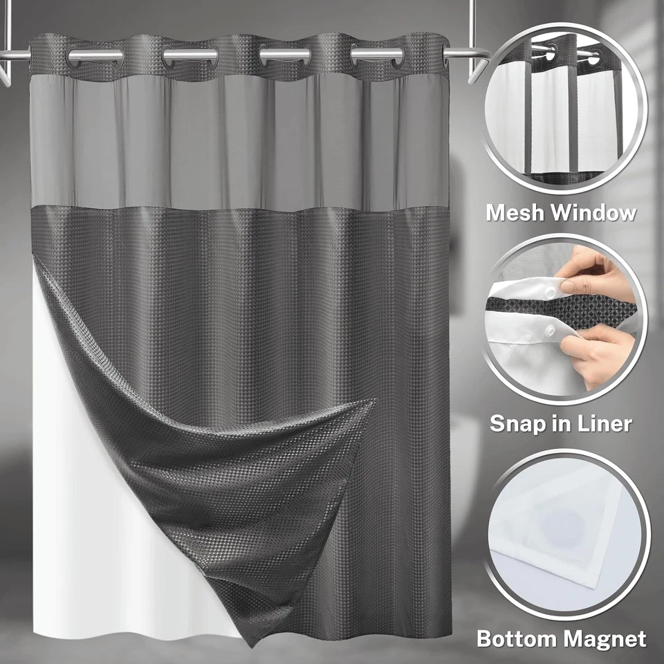 Cortina de ducha sin gancho con forro a presión juego cortina de ducha gofre para baño Foto 3 de 4