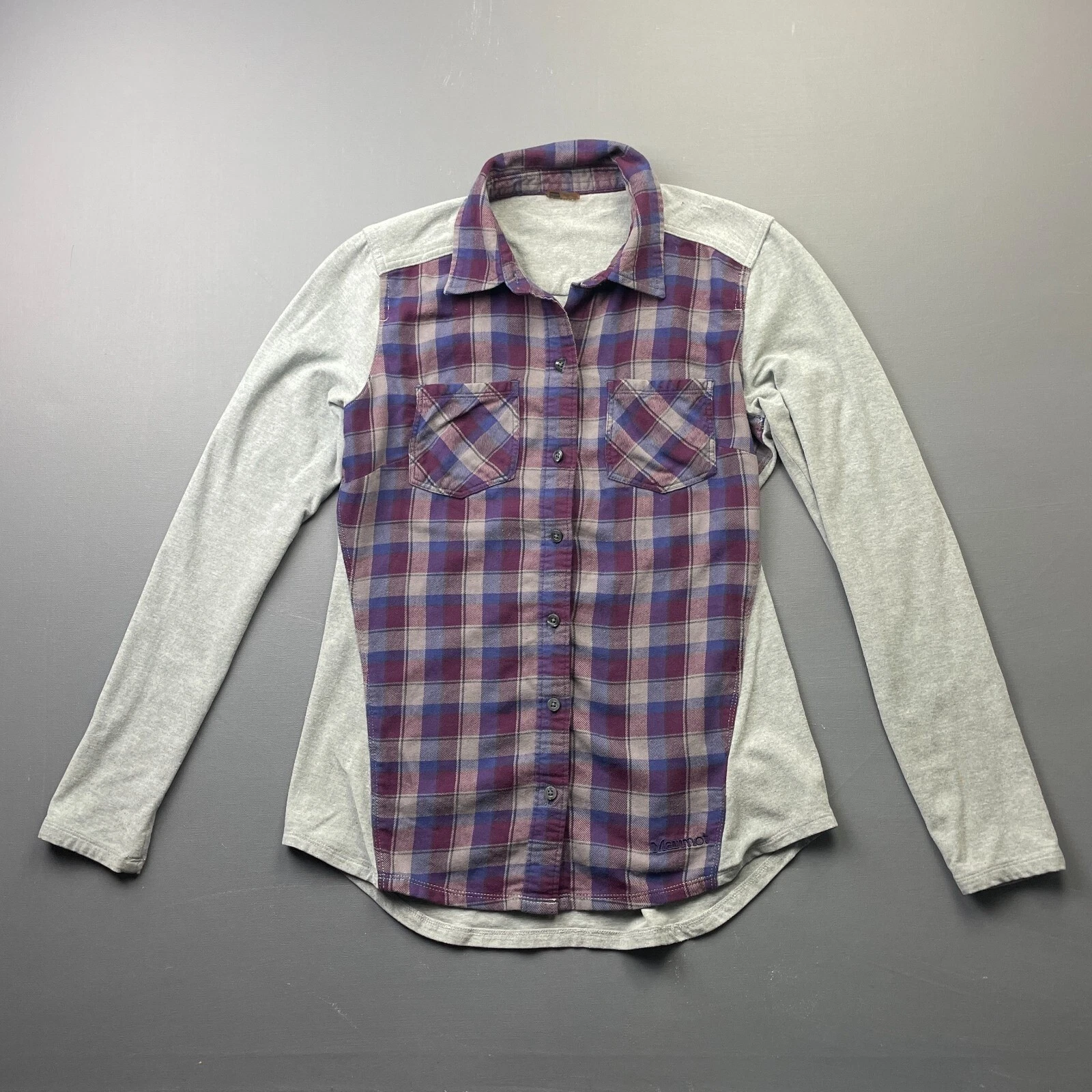 Marmot Button Up Flannel Shirt Women's Small Gray Plaid Long Sleeve Outdoor