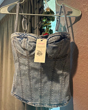 Wrangler Loveshackfancy Denim Bustier Top Zip Front Blue Solid Women&rsquo;s S