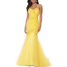 Camille La Vie Size 2 Formal Dress Yellow 3D Floral Beaded Mermaid Gown Prom