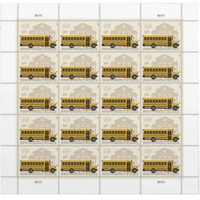 School Bus Additional Ounce USPS Postage Stamps - 1 Sheet of 20