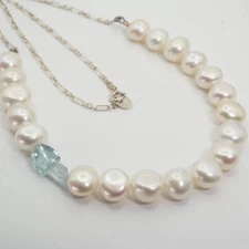 Agete SV Freshwater Pearl x Aquamarine Necklace 25 2265M