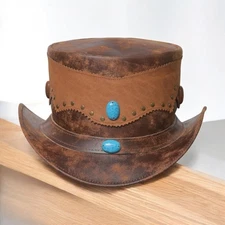 Brown Leather Steampunk Top Hat with Turquoise Stones Gothic Cosplay