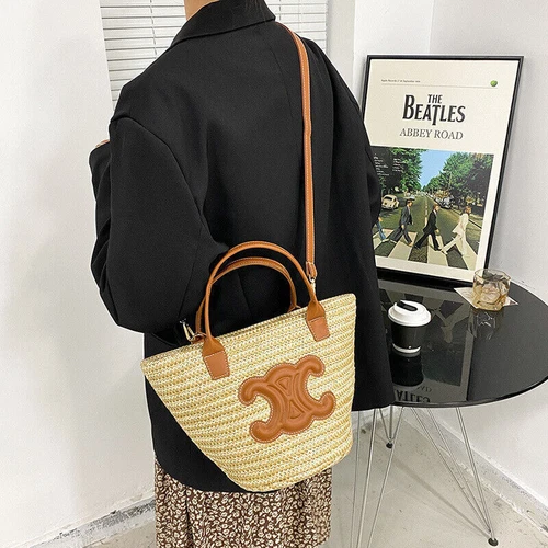 Bolso de Mano de Paja para Damas Bolso de Playa Bolso de Ratán + Banda para el Cuello de Seda Bolso de Gran Tamaño - Imagen 11 de 22