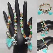 LOT OF 2 PCS AQUA  MORE BEADS ELEPHANT CHARM FRIENDSHIP STRETCH BRACELETS