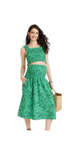 Isabel Maternity Outfit Tank Top Crop and Skirt Floral Green Size M