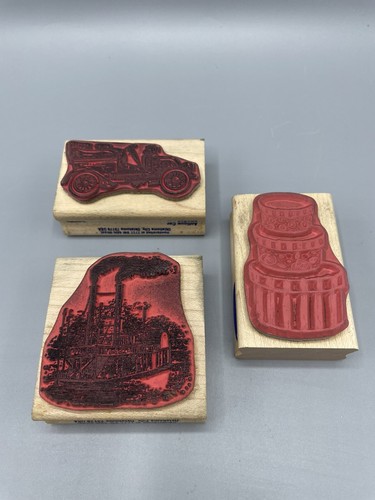 Set 3 Stampabilities Rubber Stamps Wood Mounted River Boat Old Car Hat Box Stack - Picture 5 of 8