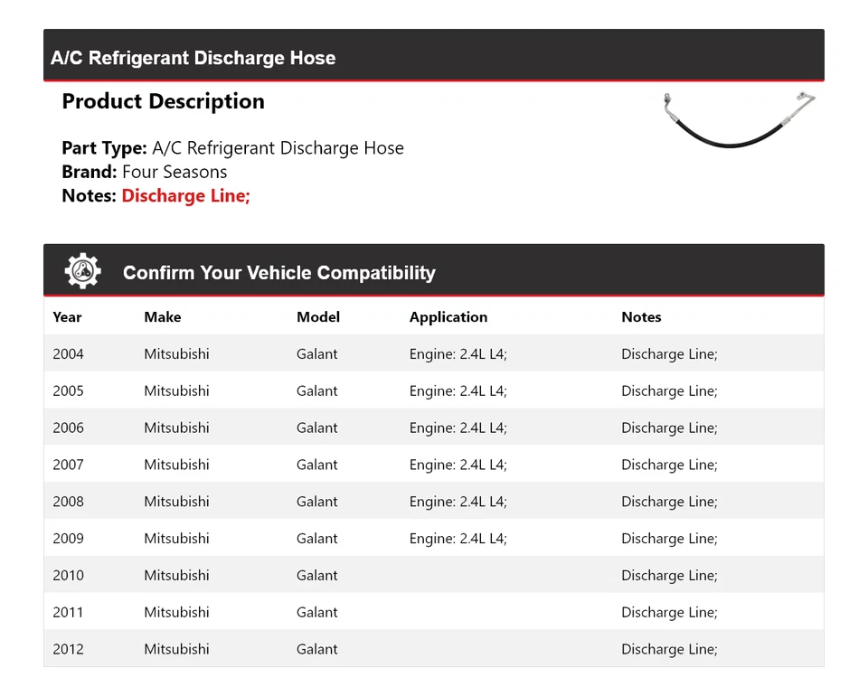 Manguera de descarga de refrigerante aire acondicionado Mitsubishi Galant 2004-2012 4 estaciones 2005 Foto 2 de 4
