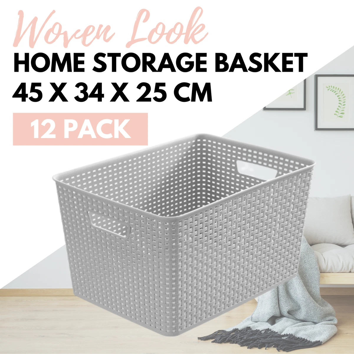 12 x WOVEN STORAGE BASKET 42x29x22cm Home Closet Shelf Tray Pantry