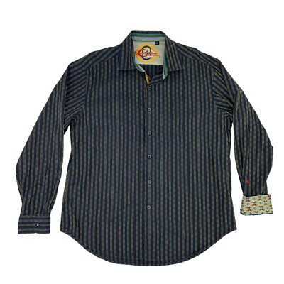 Robert Graham Shirt Mens XL Extra Large Navy Blue Gold Striped Cotton Flip Cuff