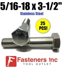 (Qty 25) 5/16-18 x 3-1/2" Stainless Steel Hex Cap Screw / Bolt 18-8 / 304