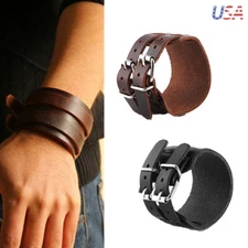 Men's Punk Wide Genuine Leather Belt Wristband Bangle Cuff Bracelet Adjustable