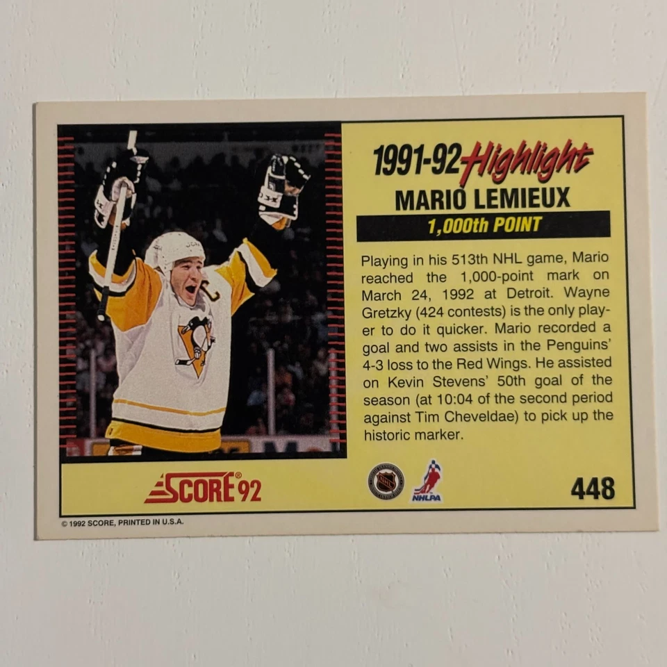 1992-93 Score - #448 Mario Lemieux - PENGUINS - BUY 2 GET 2 FREE - Image 2 of 2