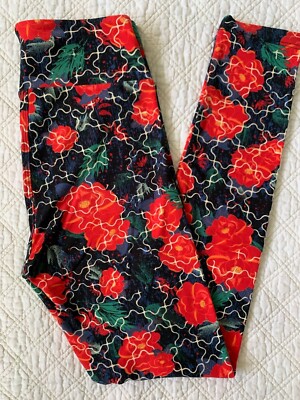 Lularoe Leggings OS Red Orange Flowers Cream Tile Overlay Blue Green Black 2016