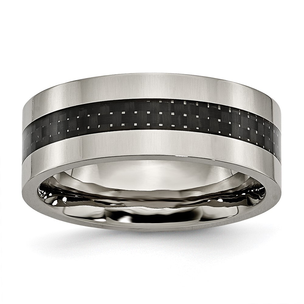 Titanium Polished with Black Carbon Fiber Inlay Flat 8mm Band Ring Size 12