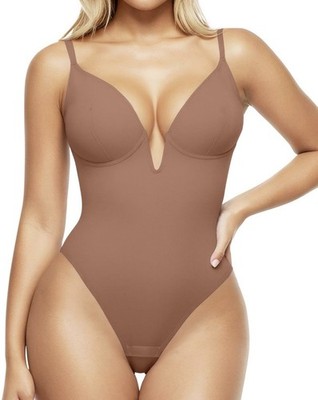 Popilush Shapewear Deep V-Neck Low Back Sculpting Thong Bodysuit Light Brown XXL