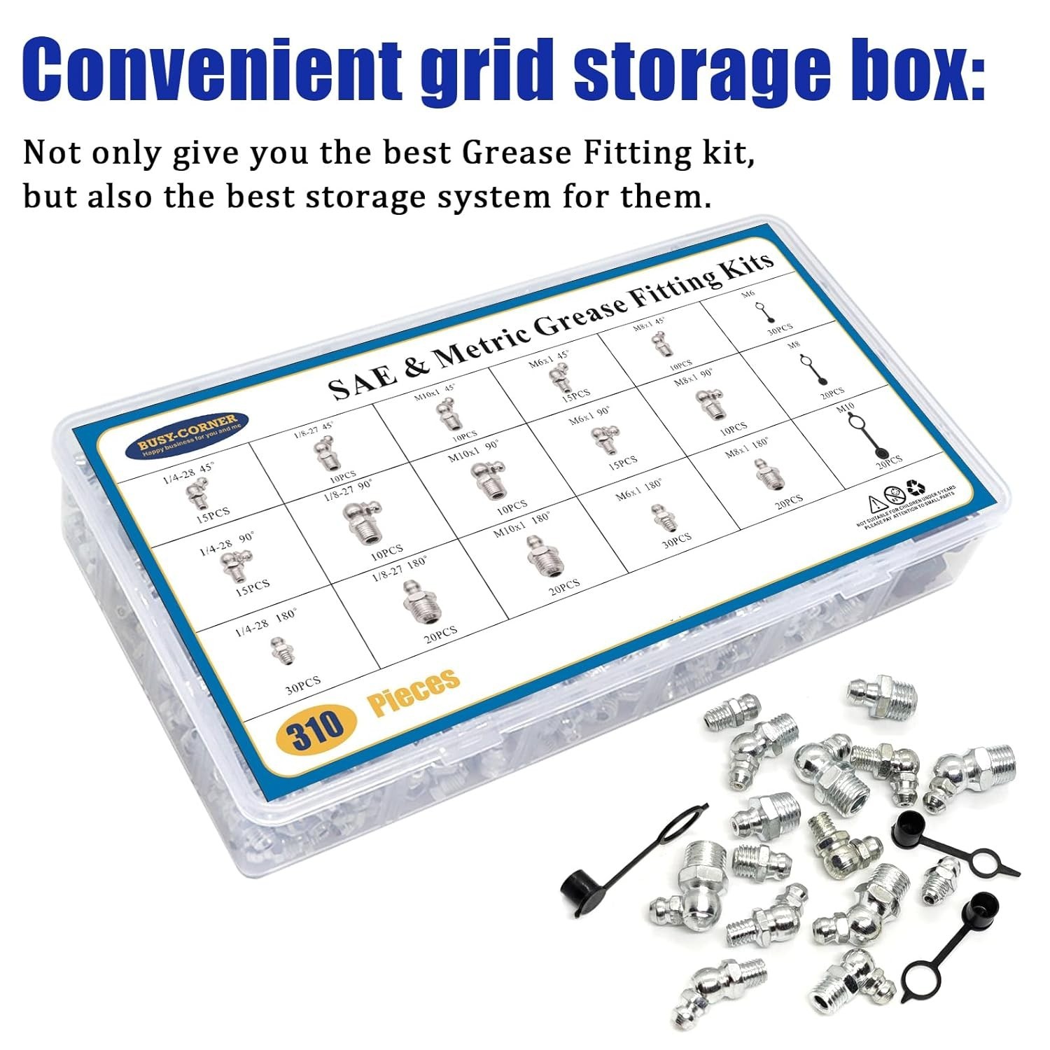 310PCS SAE & Metric Grease Nipple Assortment Kit, Hydraulic Grease Fittings Stan