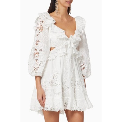Zimmermann Lulu Ruffled Cut-Out Mini Dress White Embroidered Size 2 US 8 NWT