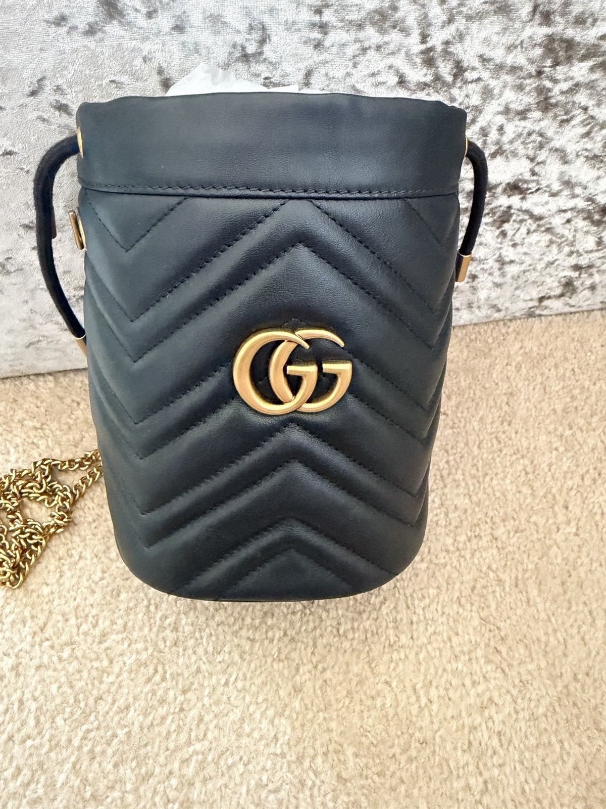 Gucci GG Marmont Mini Bucket Bag Black Leather Gold Chain Box Dust Bag