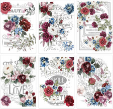 Rub on Transfers for Furniture and Crafts: 6 Pcs Large Vintage Red Floral Rub on