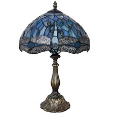 Tiffany Style Table Lamp Sea Blue Dragonfly Stained Glass 3 Color Temperature...
