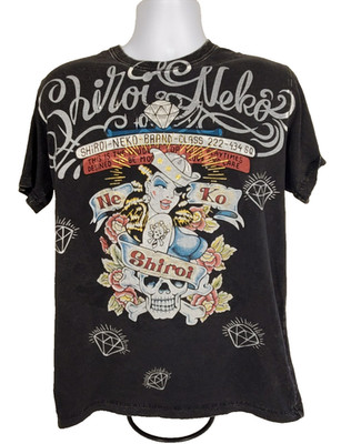 Shiroi Neka Large Black T-Shirt Pirate Skull 100% Cotton (F5)