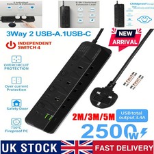 3 Way Mains Electric Extension Lead 2-5M Cables with Individual Switch 13A +Plug