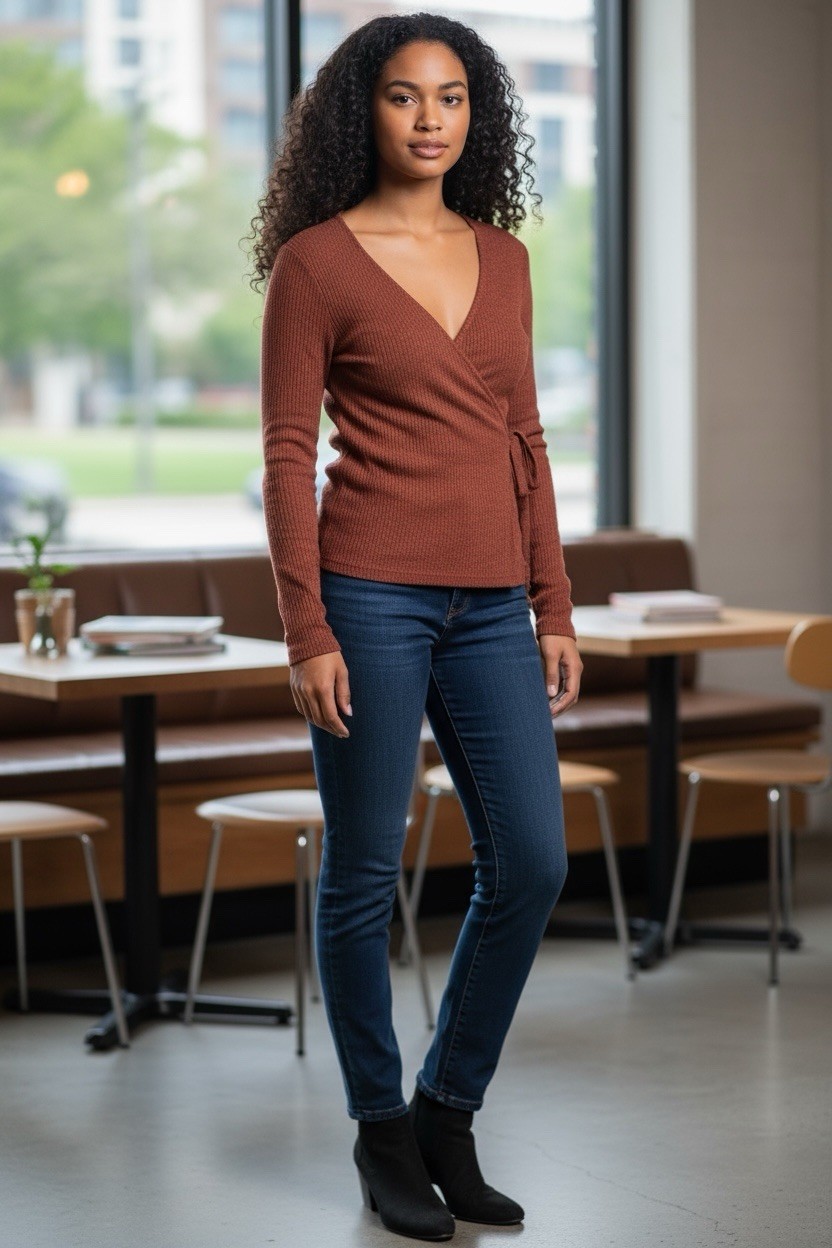 Old Navy Wrap Sweater Small Terracotta Brick Ribbed Knit Tie Front