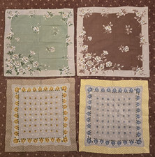 FOUR 4 Vintage Floral Hankies 2 similar sets Cotton Brown Green Yellow Blue 16"