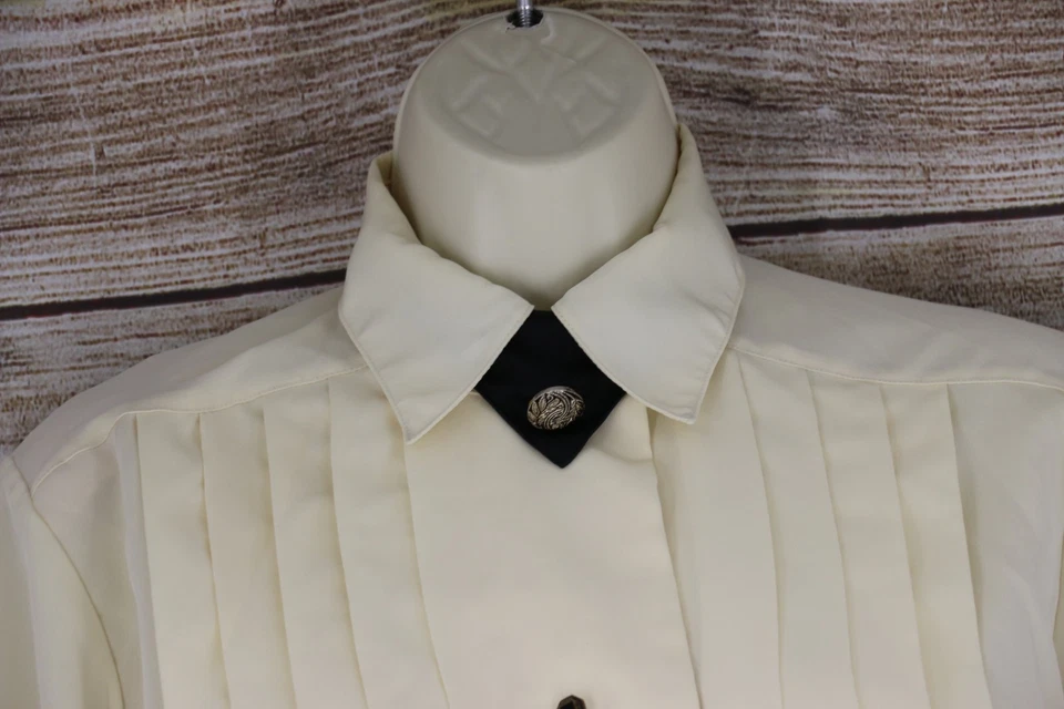 VINTAGE Womens Size 4 Button Up Satin Pleated Long Sleeve Blouse Ivory Cream - Image 2 of 4