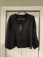 Rachel Zoe Black High Ruffle Neck Floral Long Sleeve Pleated Blouse  Lg NWT💐