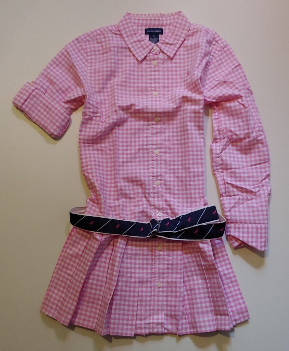 NWT Ralph Lauren Girls Long Sleeved Gingham Shirt Dress 14 Pink