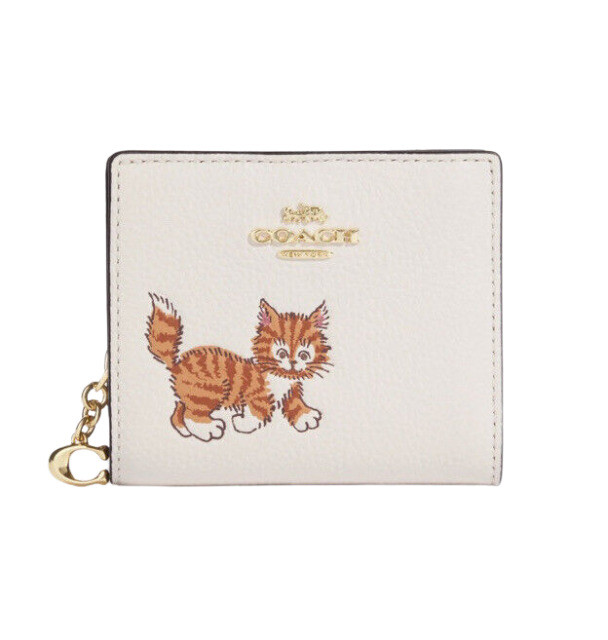 Coach Dancing Kitten Women's Pebble Leather Snap Wallet - Chalk