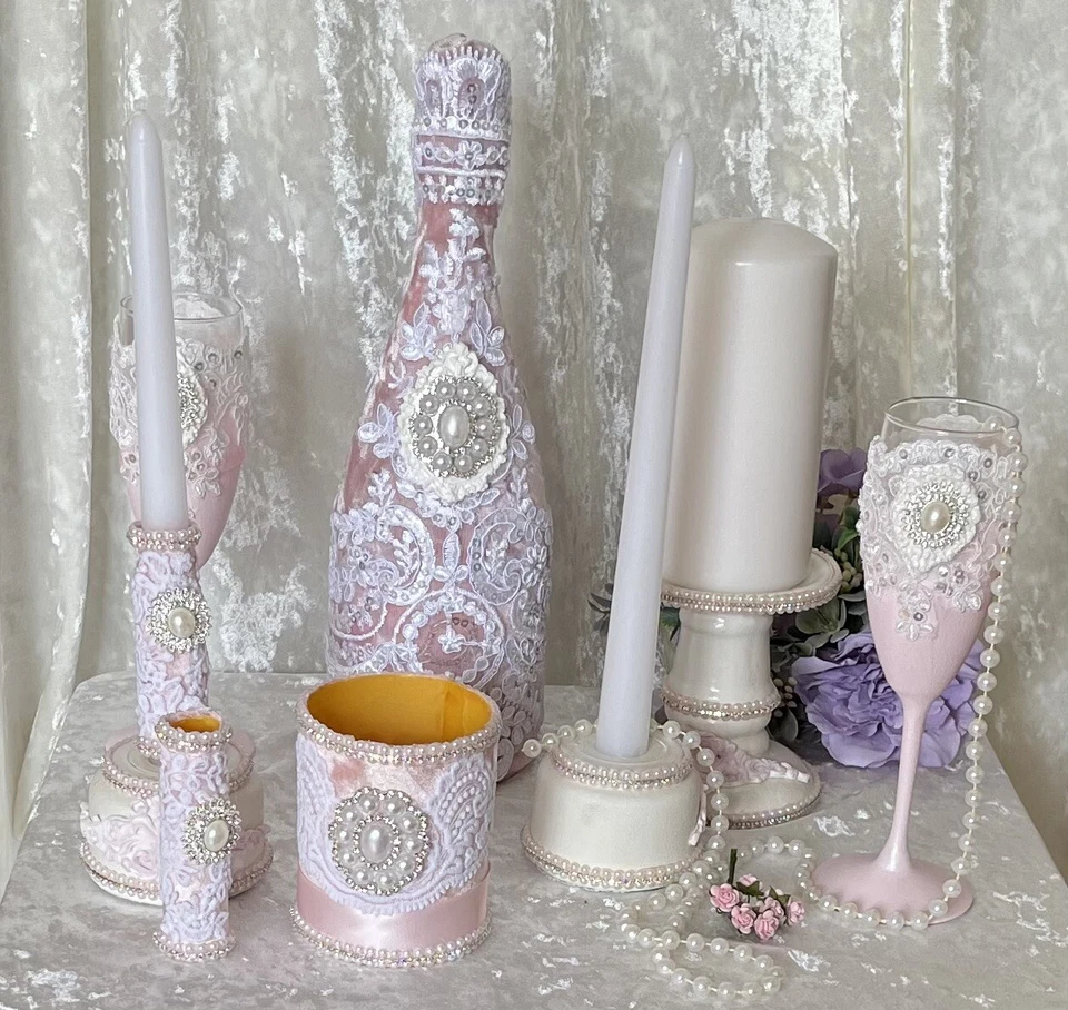 Wedding Champagne Toasting Set Flute  Ribbon/Pearls/Rhinestones/Rhinestone - Image 4 of 4