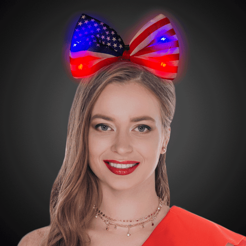 Patriotic Red White Blue Led Ribbon Bow Headband Attire. One Size Fit Most.