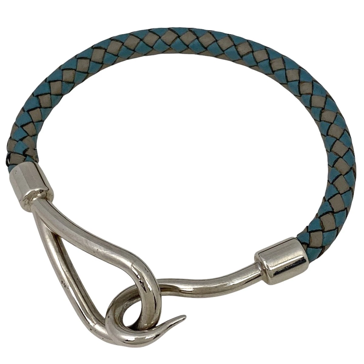 HERMÈS HERMES Jumbo Bracciale Braccialetto Gancio Maglia Intrecciata Bracciale Argento Pelle Sil...