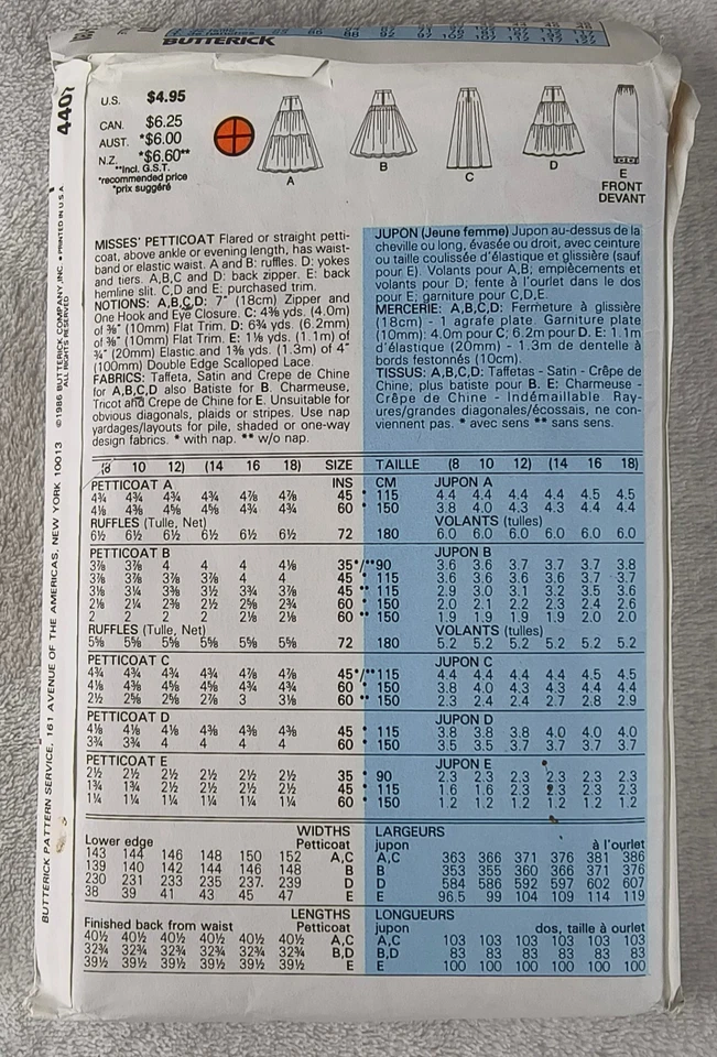 VTG 80s Butterick Pattern 4407 Petticoat Slip Skirt Bridal Formal 14 16 18 Uncut - Image 2 of 4