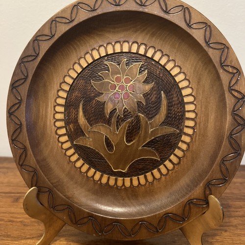 Vintage 1960's Hand Carved Wooden Plate with Brass Inlay, Made in Poland 7.5” - Picture 7 of 14