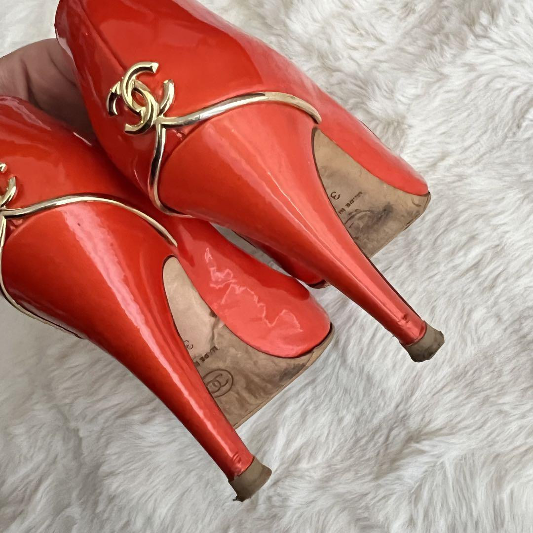 Chanel Pumps Heel Orange Patent Leather With Coco Mark Size 34.5