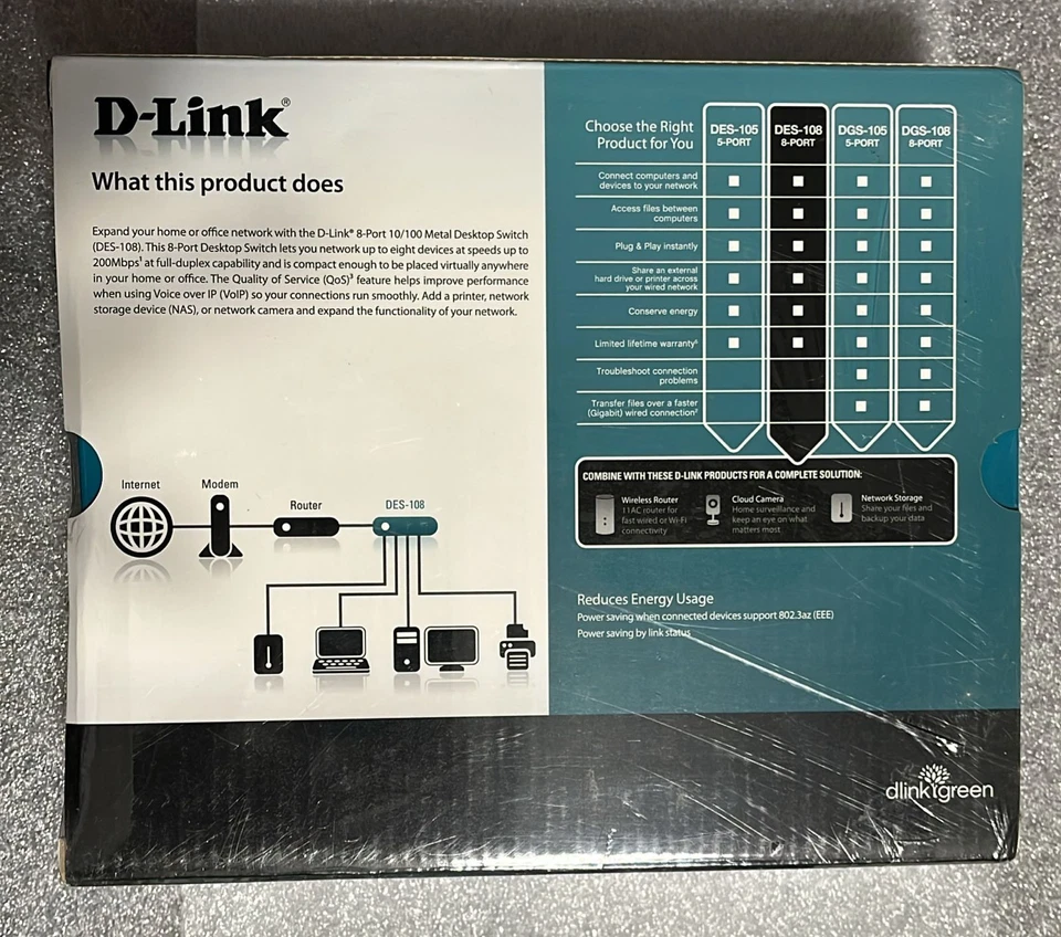 D-Link 8-Port Fast Ethernet Unmanaged Network Switch – Desktop Hub – Used - Image 2 of 3