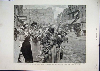 Original alter antiker Druck amerikanische Frauen kaufen Blumen Gare St. Lazare 1895