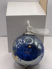 Vintage Glass Etched Christmas Ornament Cobalt Blue Snowflake Silver Pendant 4”